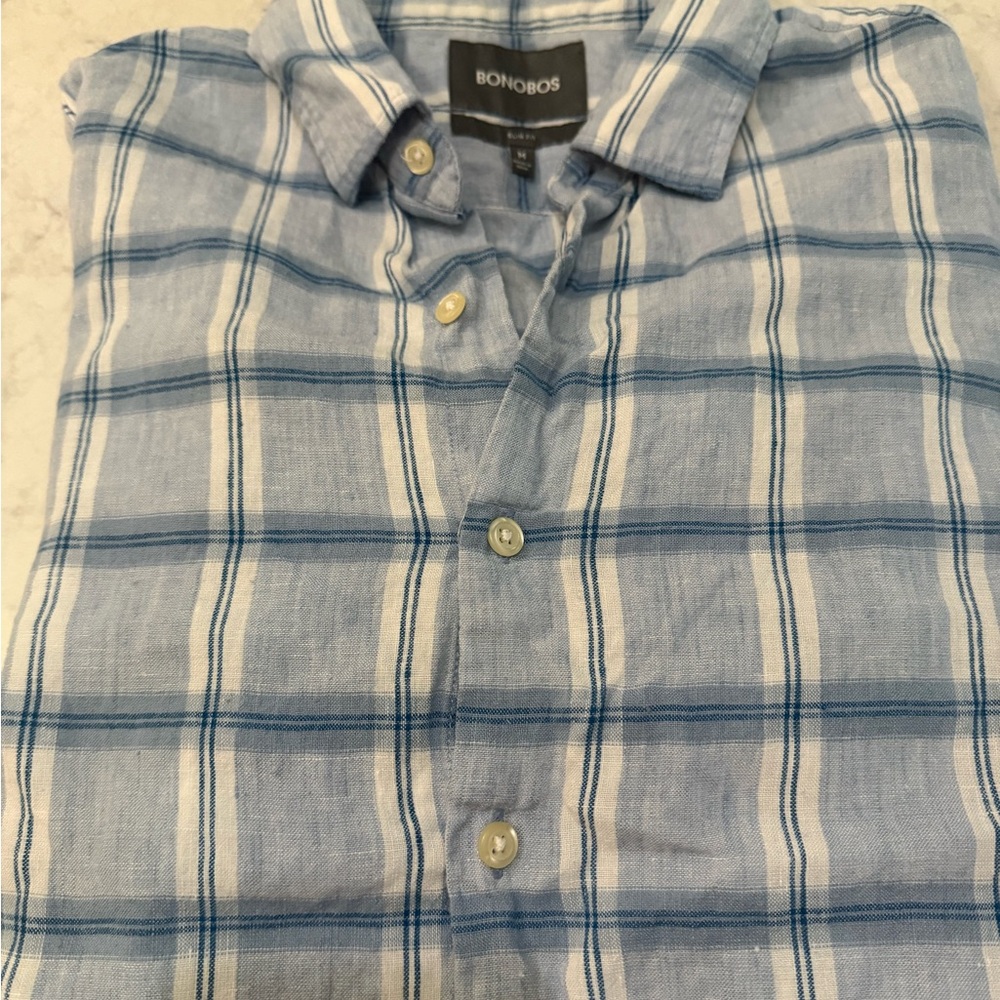 Bonobos Mens linen/ cotton Blue Plaid Men's Shirt medium